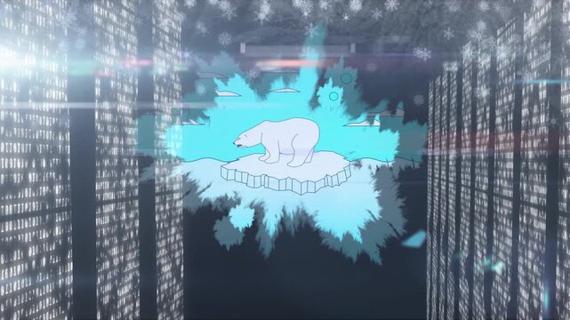 Animation of snow falling and spots over polar bear