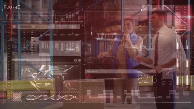 Animation of data processing over diverse male warehouse workers