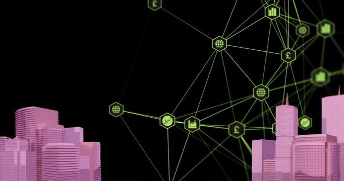 Animation of digital network of connections with icons over pink 2d cityscape model