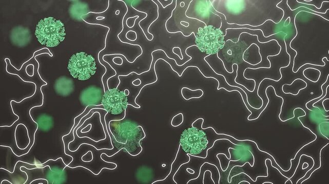 Animation of covid cells and isohypses on black background