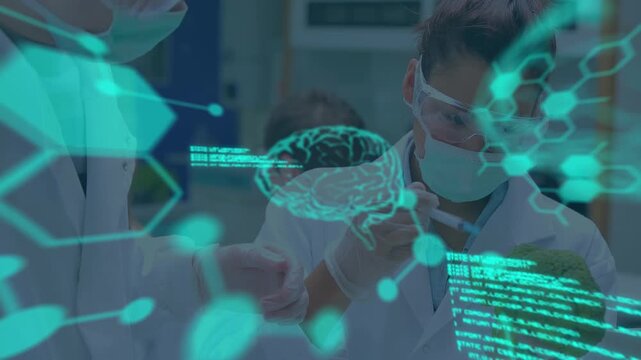 Animation of science data processing over diverse group of scientist in laboratory