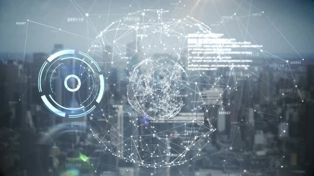 Animation of digital interface with clock over cityscape