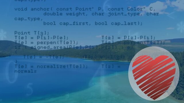 Animation of data processing over landscape and heart