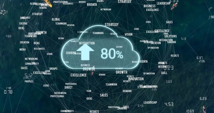 Animation of cloud with growing number and network of connections with texts over sea with boats