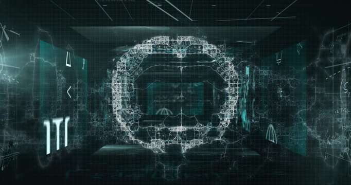 Animation of brain over globe and digital screens on black background