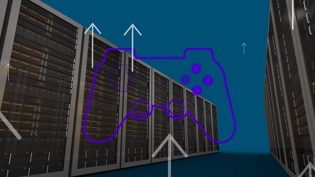 Animation of head with heart and data processing over server room