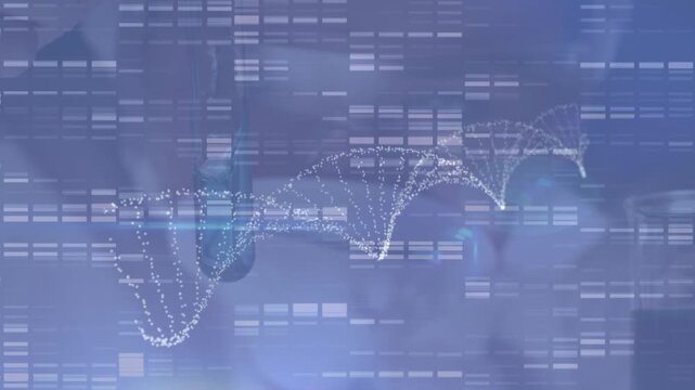 Animation of dna stricture and mosaic squares against close up of hand holding a test tube