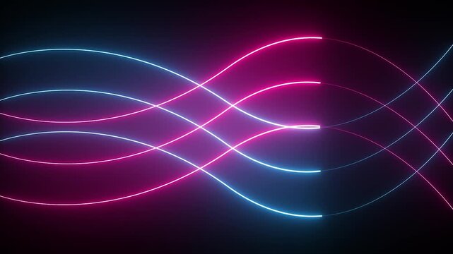 Blue and pink neon wavy lines flowing animation loop for digital data connection and technology background