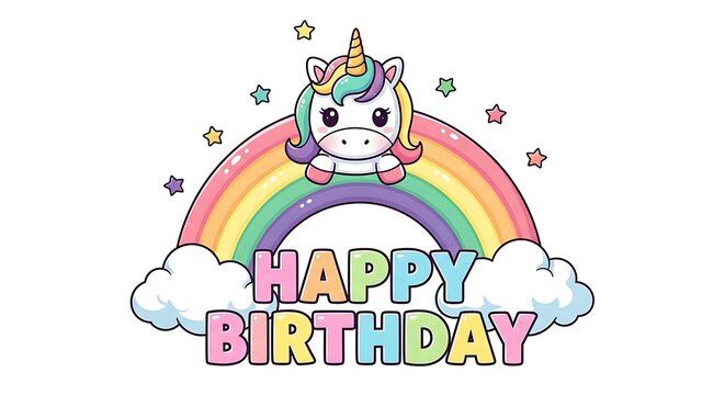 Colorful illustration of a cartoon unicorn on a rainbow, with "Happy Birthday" text and stars