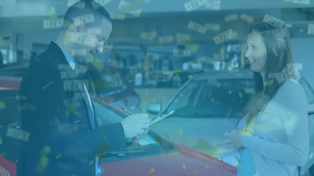 Animation of banknotes over caucasian woman with businessman in car salon
