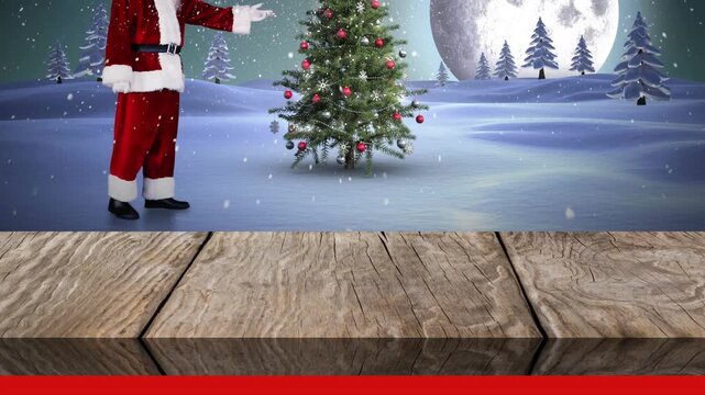 Animation of snow falling over santa claus, christmas tree and decorations