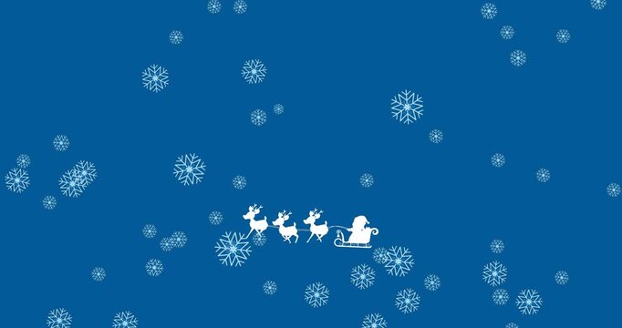 Animation of snowflakes falling over santa claus in sleigh being pulled by reindeers