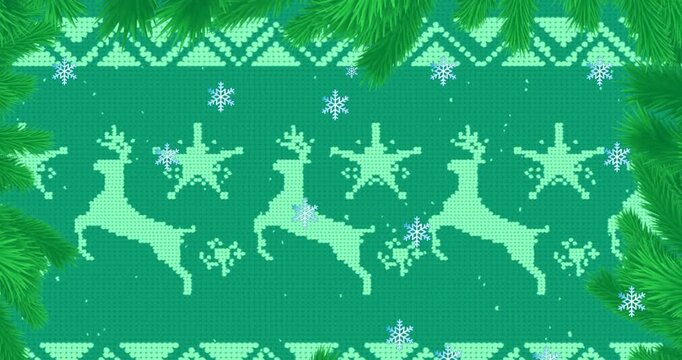 Animation of christmas tree branches and reindeer pattern on green background
