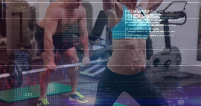 Animation of statistical data processing over caucasian fit couple performing weight training at gym