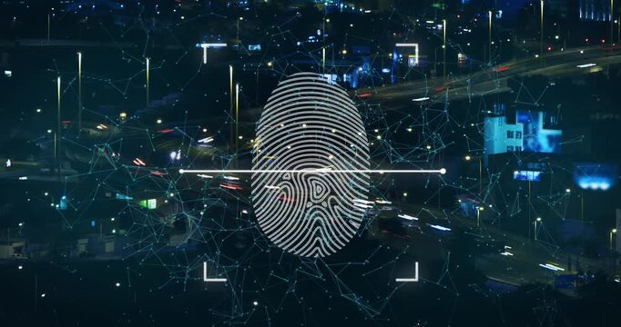 Animation of moving lines on fingerprint over connected dots against time-lapse of moving vehicles