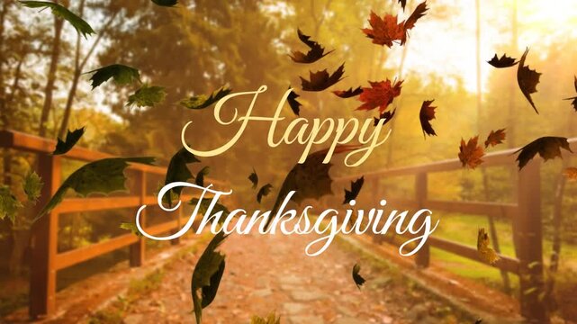 Animation of happy thanksgiving text banner and autumn leaves falling against bridge in the park