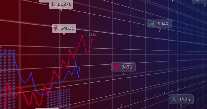 3D grid receding red-blue gradient, red checkline drawing with bubbles floating showing data trends