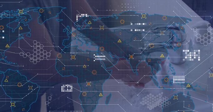 Mid-adult woman turning faucet on and scrubbing hands while world map overlay tracing health data