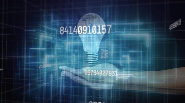 Hand sliding under cubes dissolving into bulb, rotating globe and data pulsing visualizing ideas