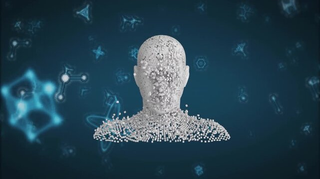 White cubes flowing from left forming human bust rotating then dispersing showing 3D digital change