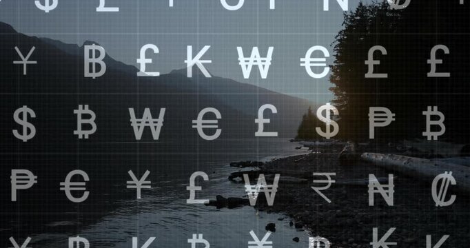 Grid overlay fading in over mountain lake currency icons flickering rotating for live data feed
