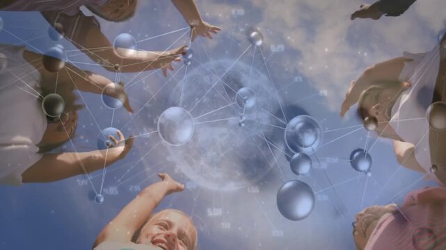 Children grasping wrists initiating digital network overlay and lifting arms skyward in technology