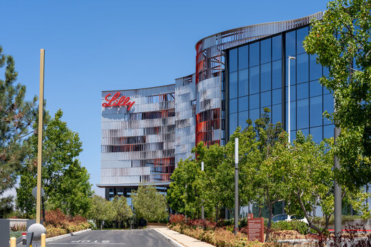 San Diego, California, USA - July 9, 2022: Lilly sign on the building at its Biotechnology Center in San Diego, California, USA. Eli Lilly and Company is an American pharmaceutical company.
