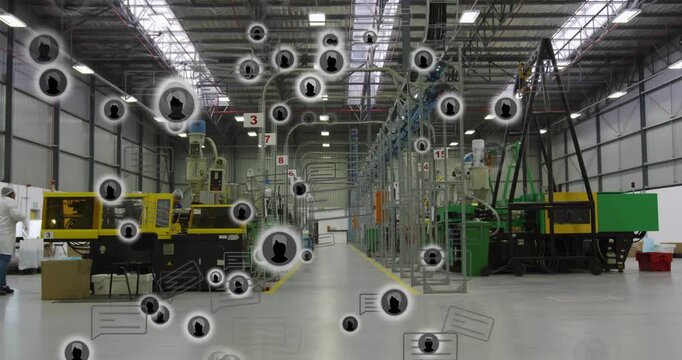 Technicians adjusting molding controls and walking under nodes animating fading for manufacturing