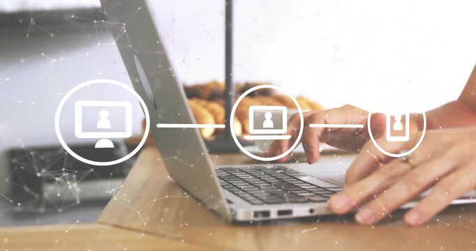 Monitor icon fading linking desktop laptop smartphone icons while hands typing showing network flow