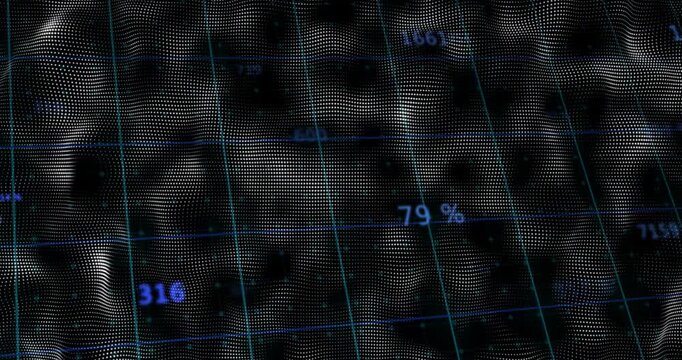 Camera pulling back revealing wavy point cloud, neon numbers pulsing and shifting showing analytics