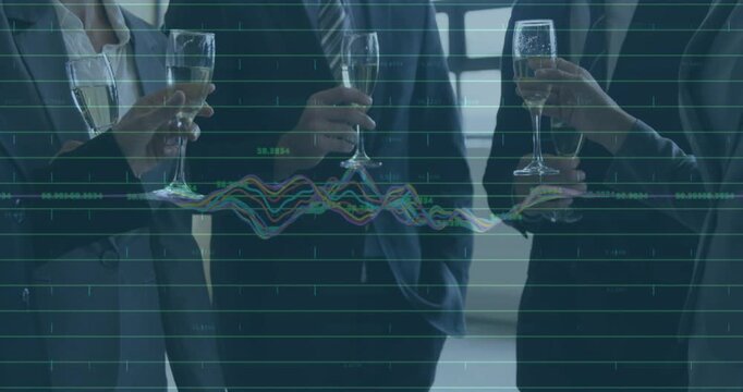 Three pros raising glasses in office, waveform gridlines syncing with hand motion, toasting deal