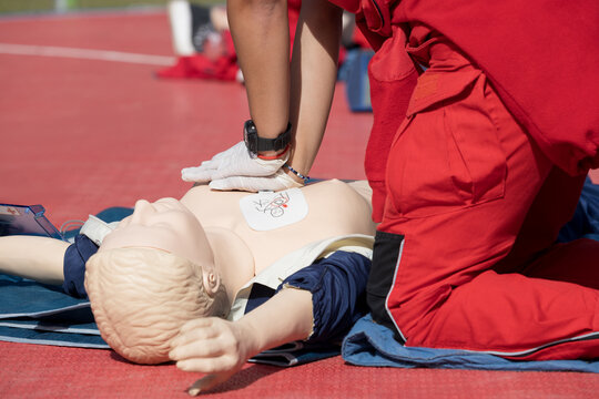 First aid and CPR certification training with automated external defibrillator - AED