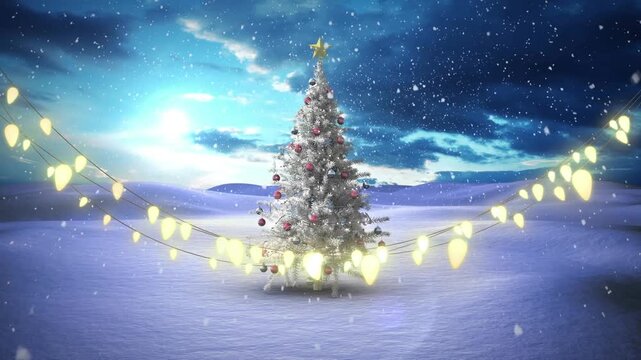 Glowing fairy lights decoration against snow falling over christmas tree on winter landscape