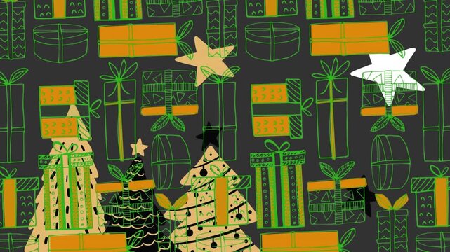 Multiple christmas tree and stars over christmas gift icons in seamless pattern on grey background