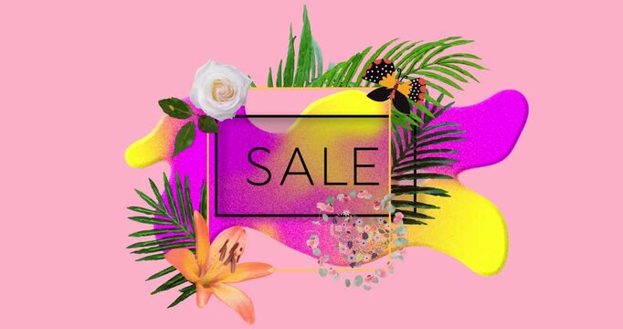 Animation of sale text in frame over glowing blob and flowers on pink background