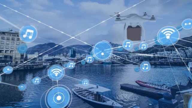 Network of digital icons and drone carrying a delivery box against aerial view of the port harbor