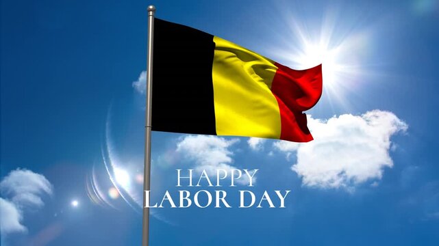 Animation of happy labor day text over belgian flag and blue sky