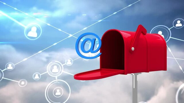 Animation of network of connections and icons over cloudy sky and mailbox