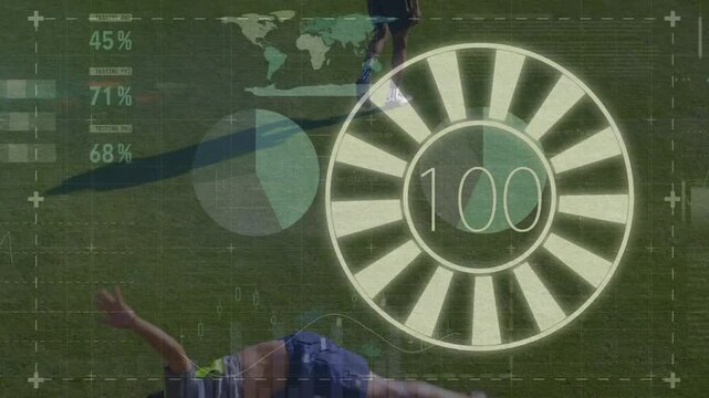 Animation of diverse data processing over legs of male soccer player doing cartwheel