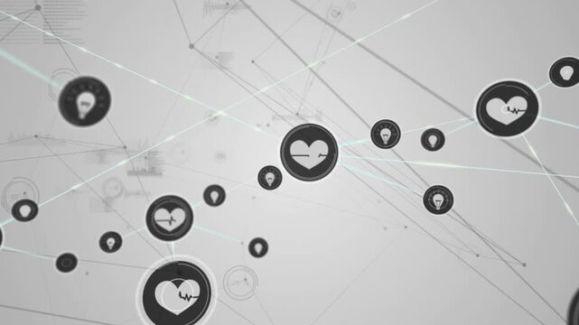 Animation of network of connections with icons over grey background with constellations