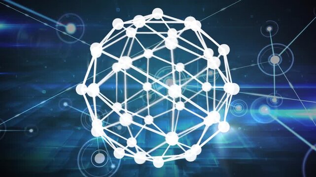 Animation of geometrical shape over network of connections on dark background