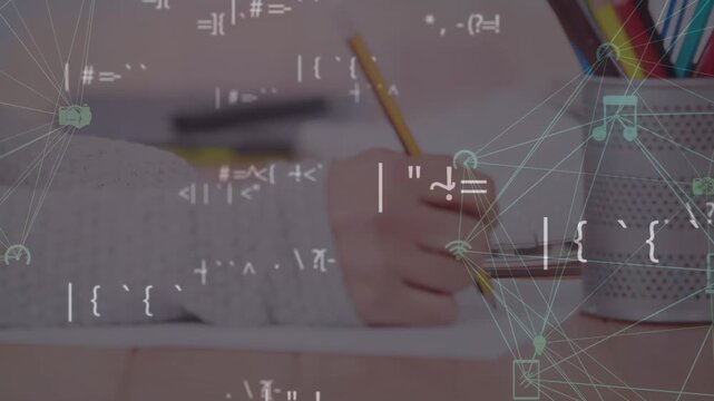 Animation of network of connections over schoolboy writing