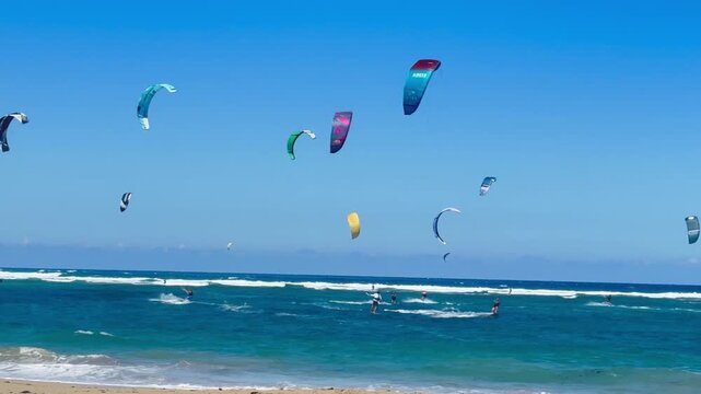 Kiteboarding, kite surfing and foilboarding on Kite Beach, Cabarete, Dominican Republic