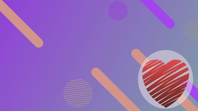 Animation of red heart moving over abstract shapes on purple background