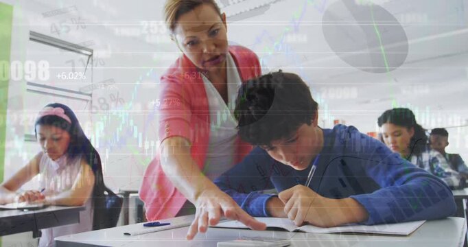 Animation of graph over caucasian female teacher helping caucasian boy during lesson