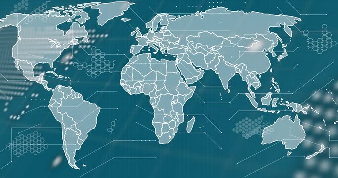 Animation of diverse data over world map on green background
