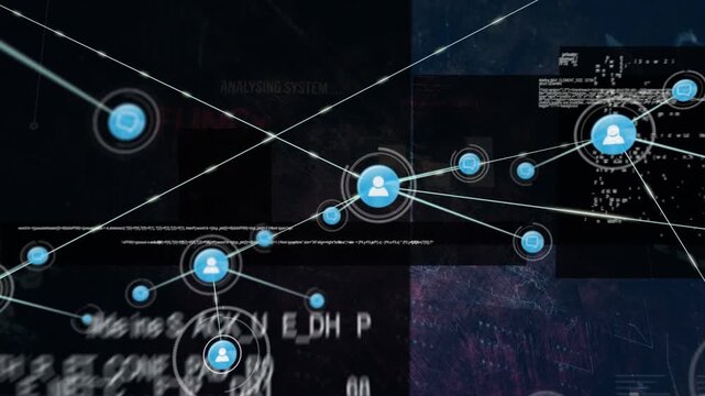 Animation of programming code and digital data processing with people icons interconnecting