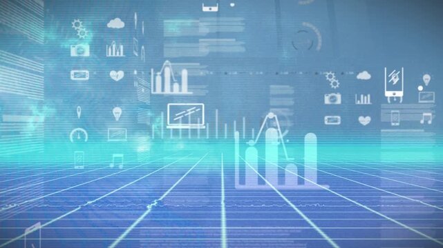 Animation of blue glowing grid over circular scanner and information processing on blue data process