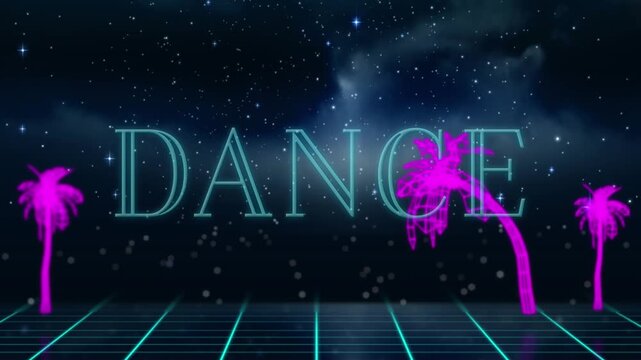 Animation of wow text over stars in the night sky and grid