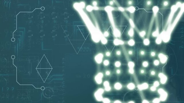 Animation of lights, data processing and math formulas in navy space